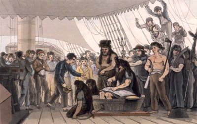 Crossing the Line（赤道を越えてドレスアップ）、「中国の方法によるインドへの絵のような旅」、1810 作： Thomas und William Daniell